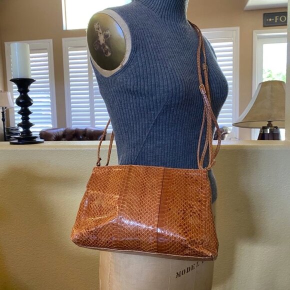 Vintage Saks Fifth Avenue Snakeskin Shoulder Bag Cross Body Purse Brown Tan - Picture 1 of 15